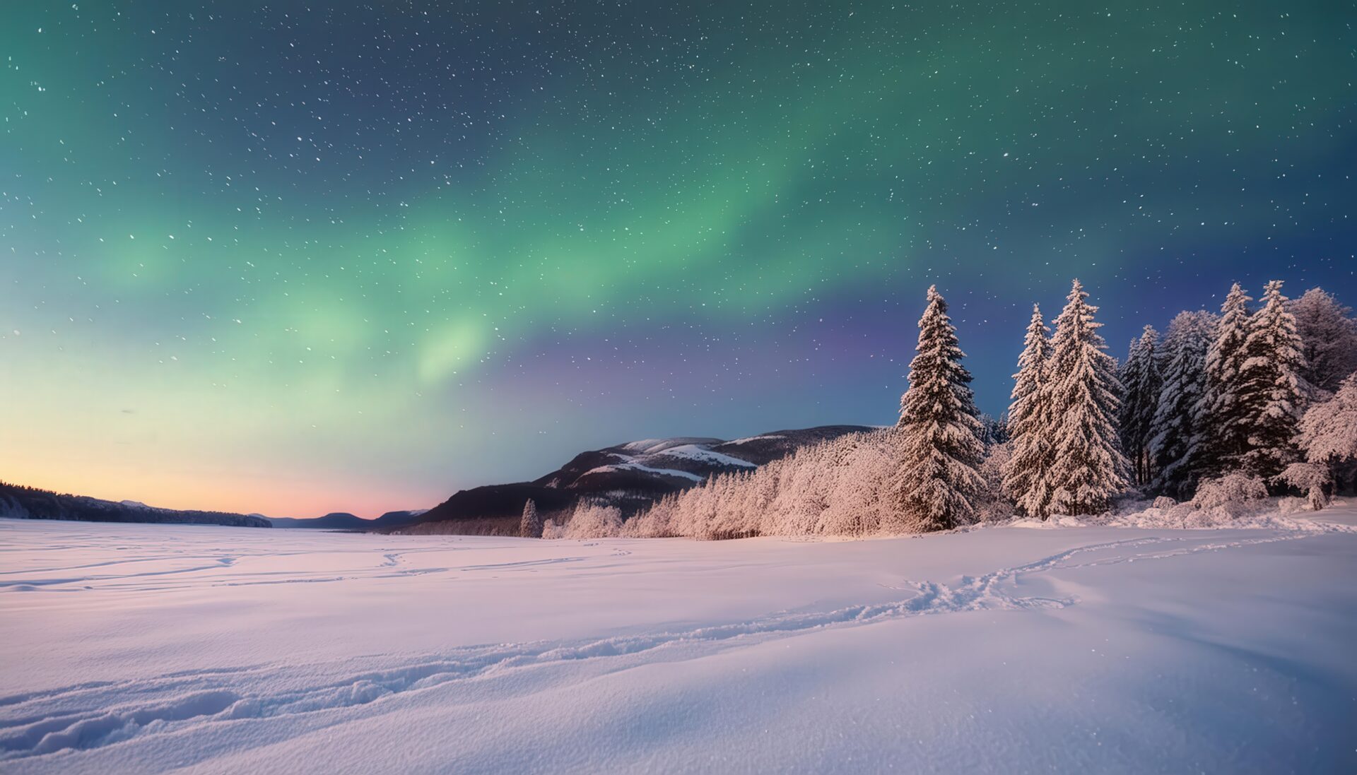 オーロラが輝く雪原の夜