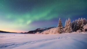 オーロラが輝く雪原の夜