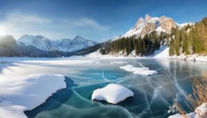 凍った湖と雪山の冬景色