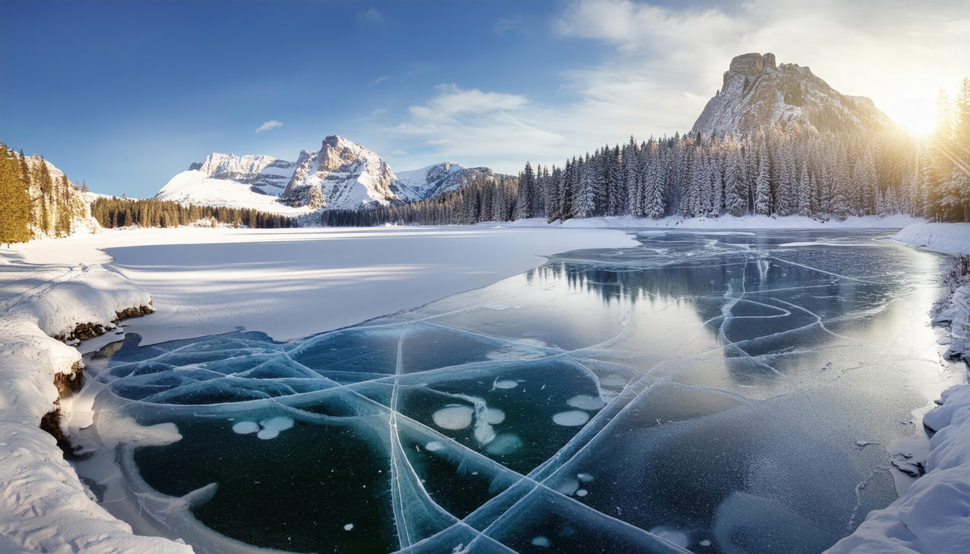 氷結湖と雪山の朝日