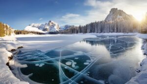 氷結湖と雪山の朝日