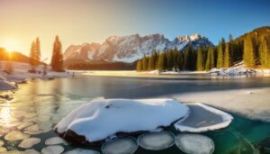 朝焼けに染まる氷結湖