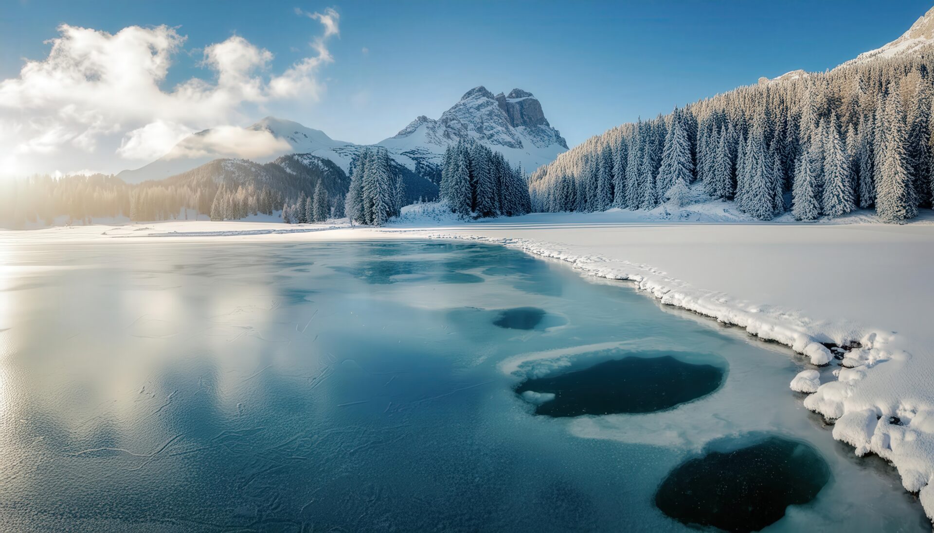 雪原に囲まれた静かな氷結湖