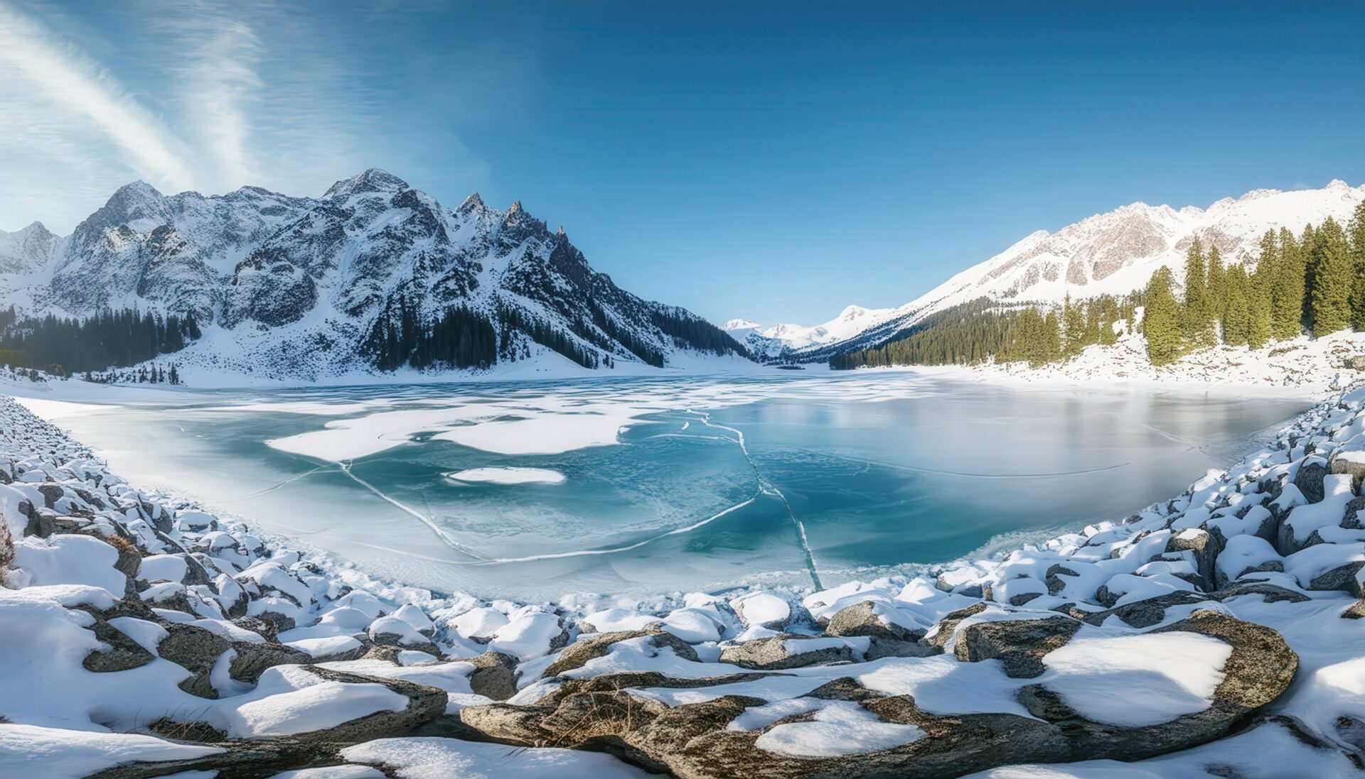 山岳地帯の広がる氷結湖