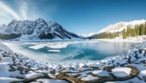 山岳地帯の広がる氷結湖