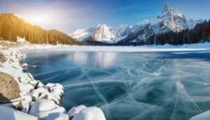 氷結湖と雪山のクリアな冬空