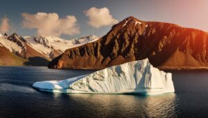 氷山と雪山の夕景