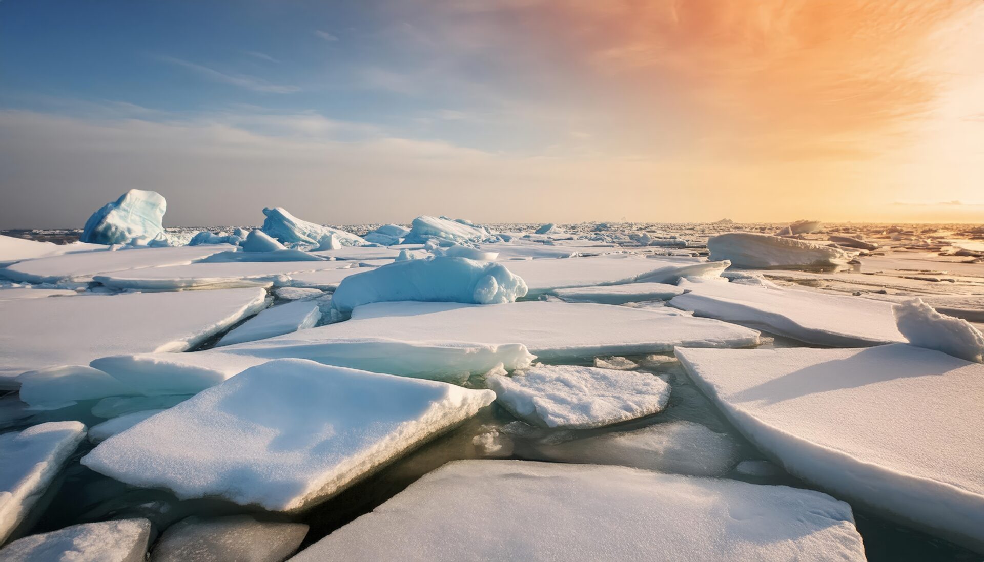 割れた流氷と夕陽