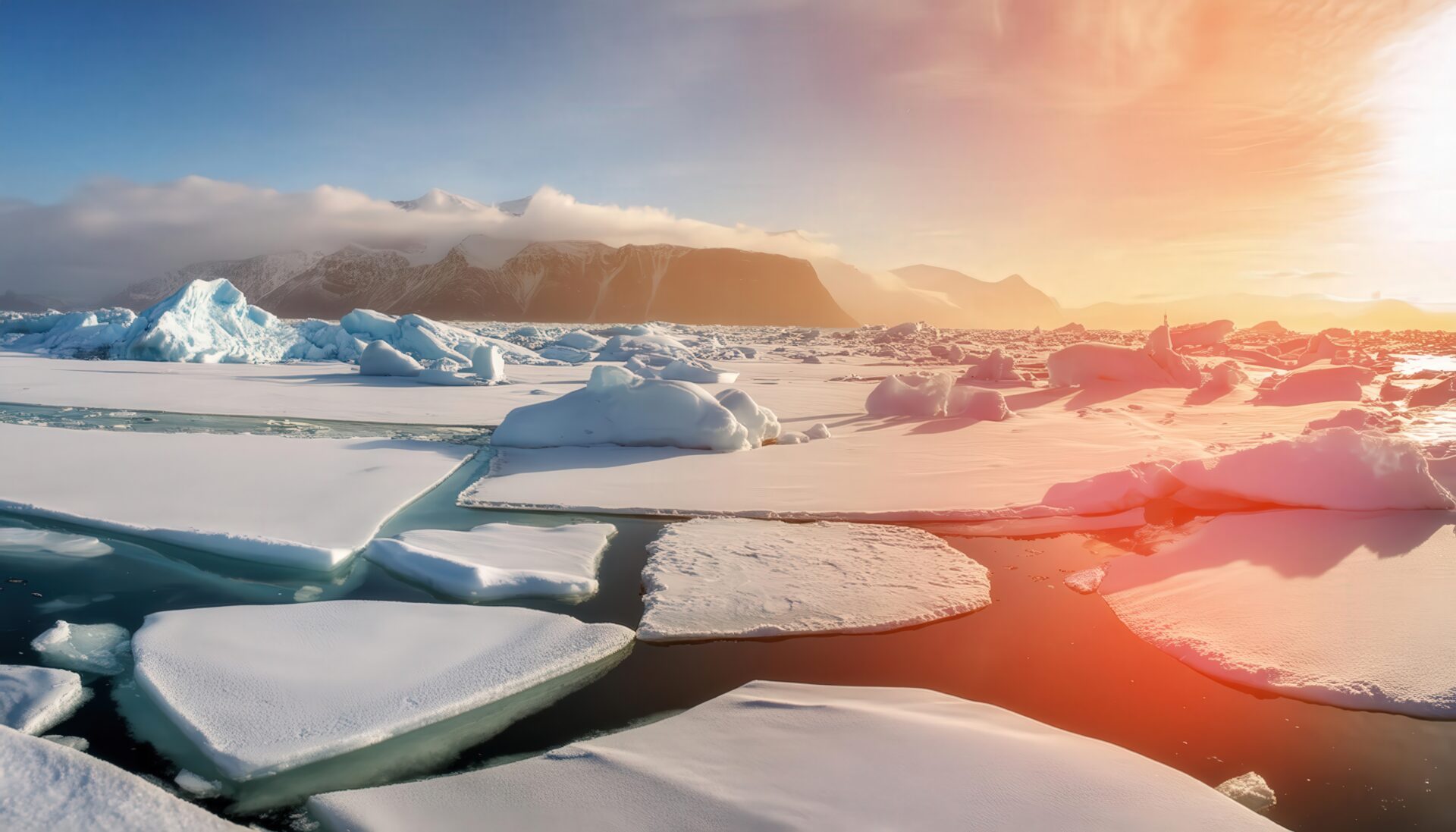 流氷と山脈の朝焼け