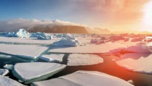 流氷と山脈の朝焼け