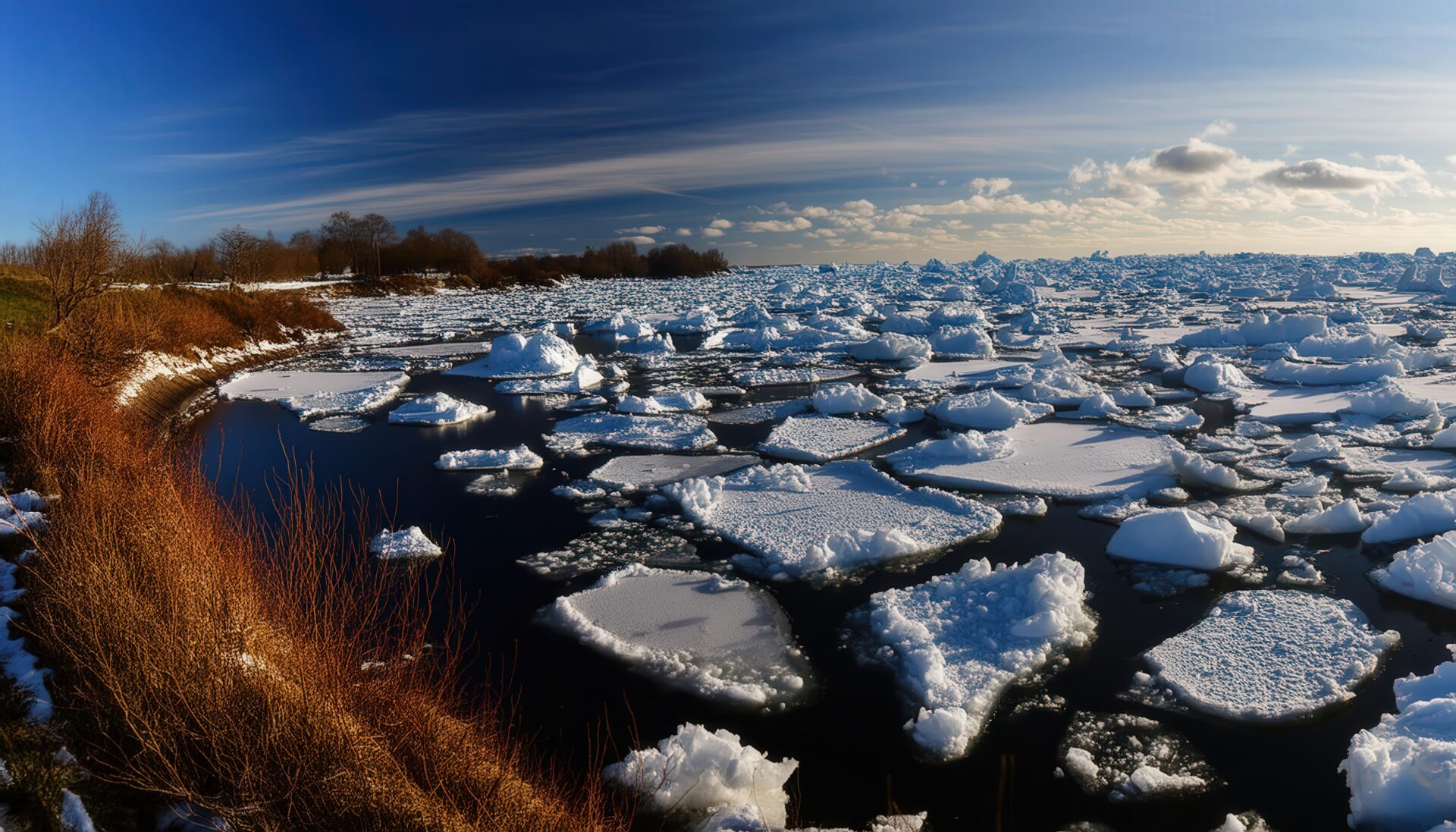 河川の流氷と冬景色