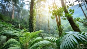 朝日に照らされた森林