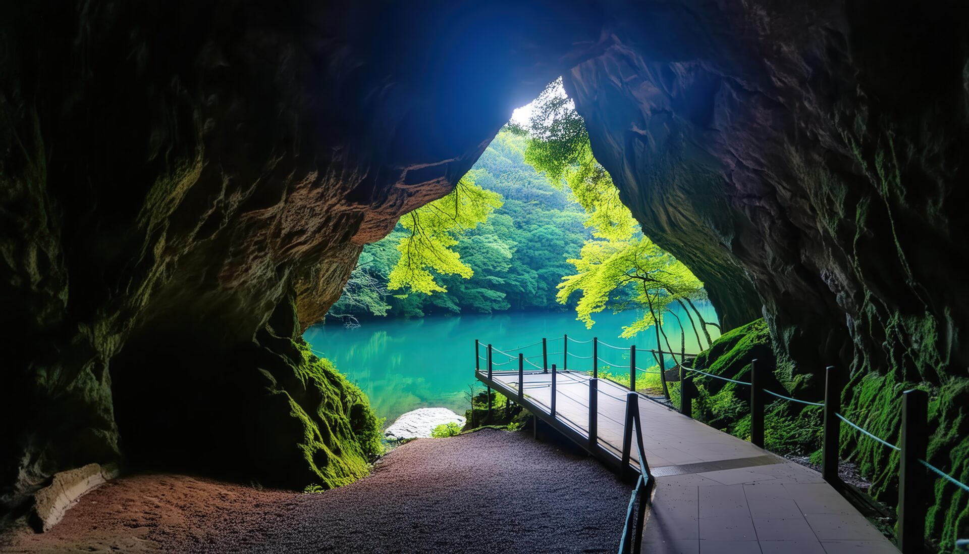洞窟から見た川の風景