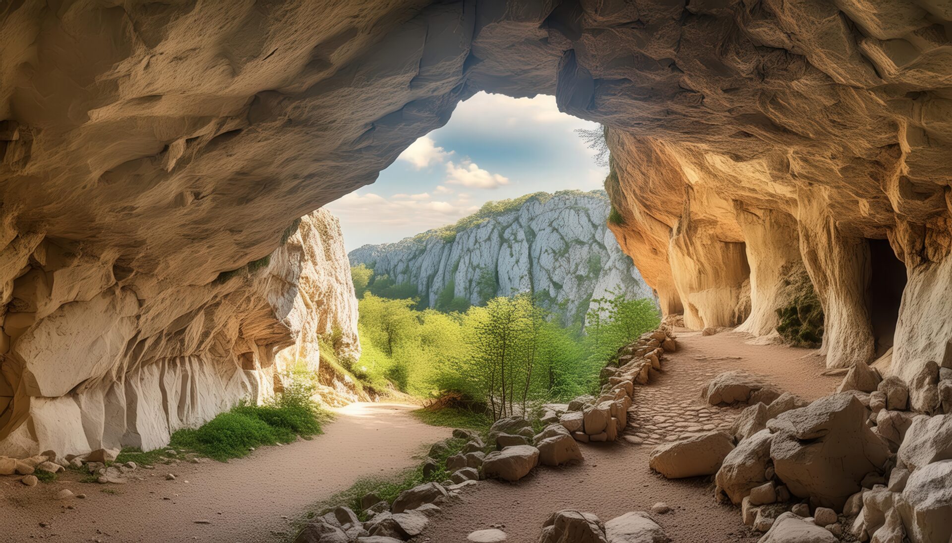 洞窟から見た渓谷の風景