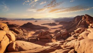 夕日と岩山の砂漠