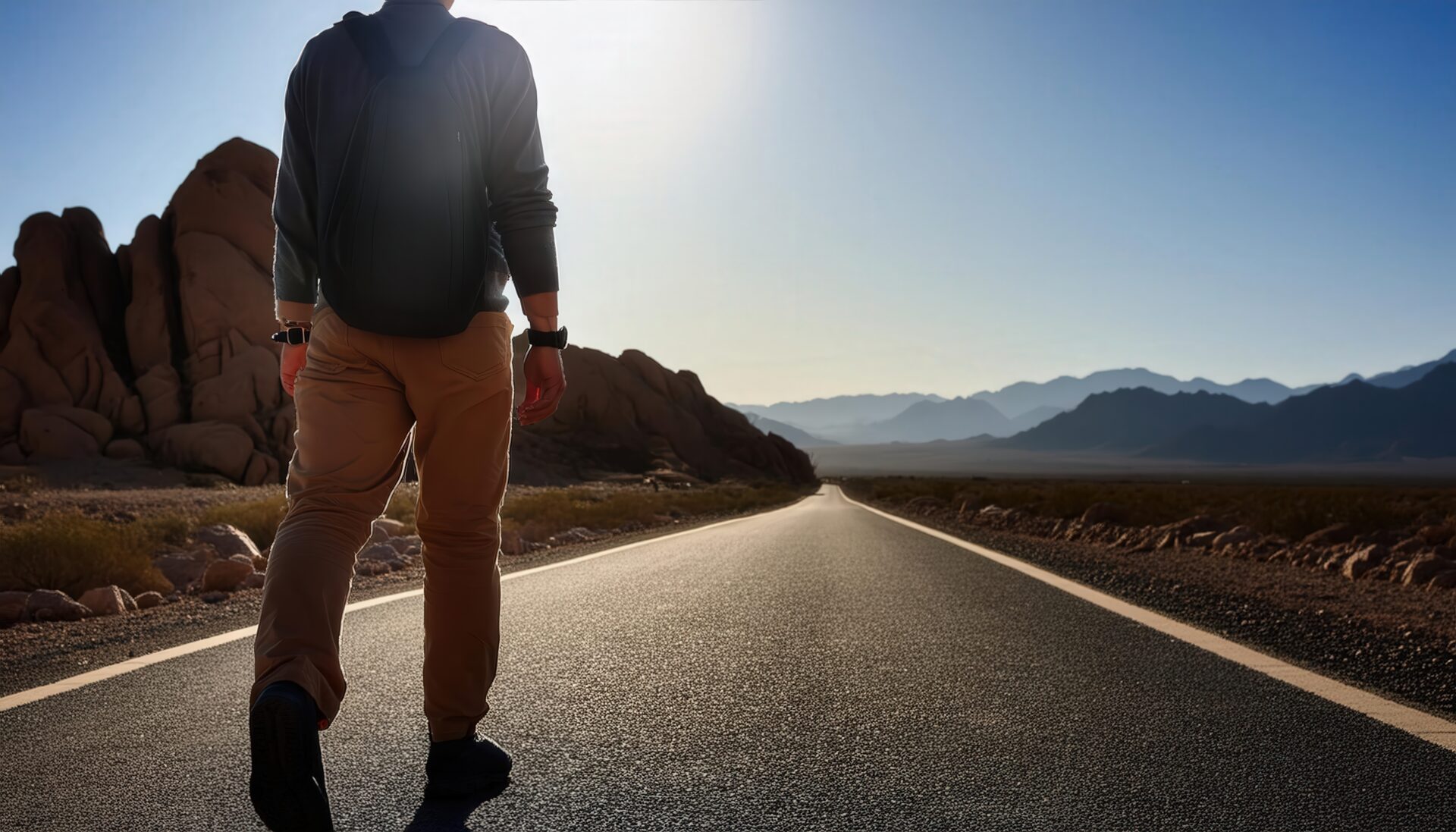 砂漠の一本道を歩くバックパッカー