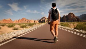 砂漠の道を歩くバックパックの男性