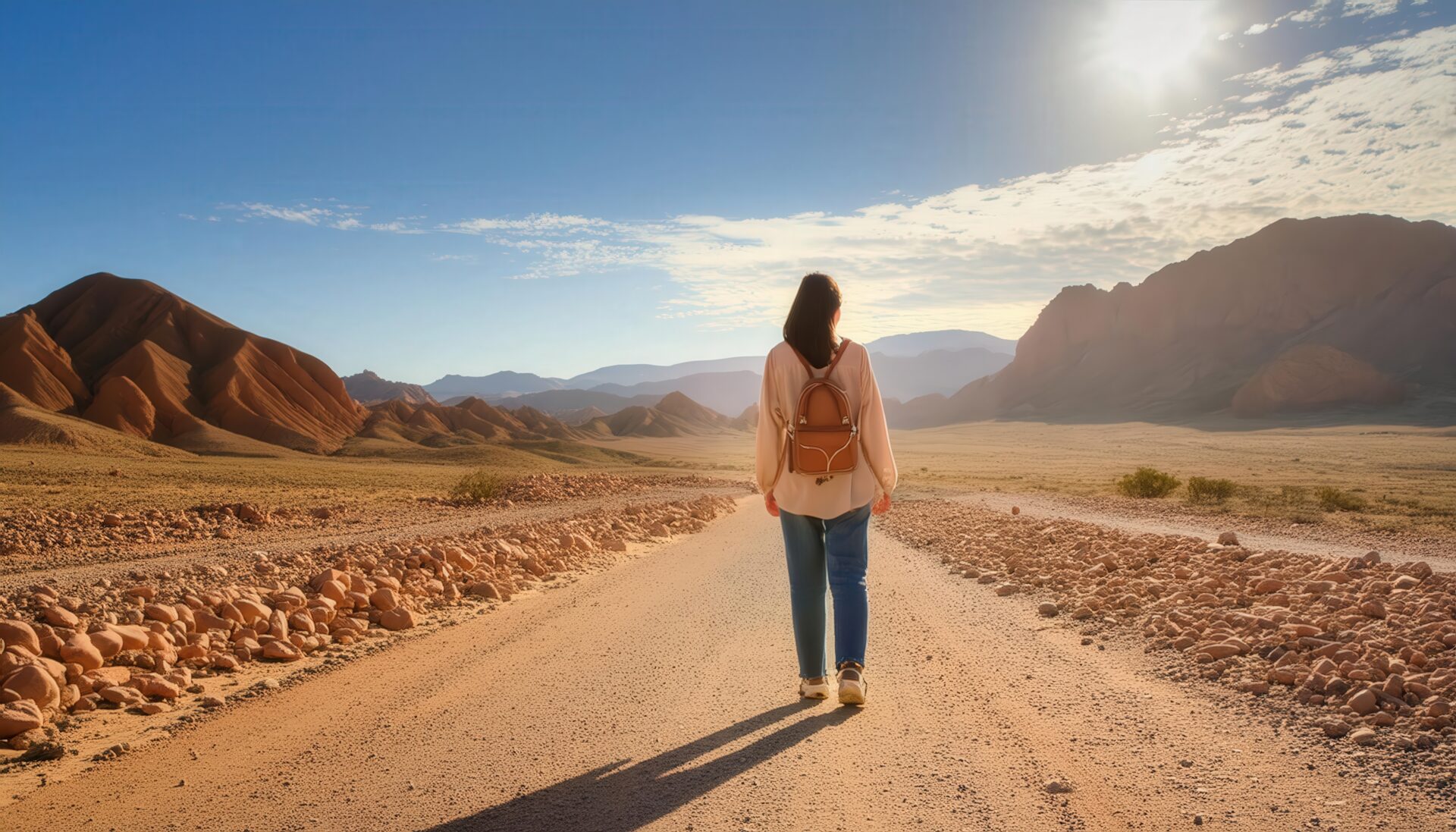 砂漠の道を歩く女性の後ろ姿