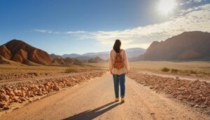 砂漠の道を歩く女性の後ろ姿