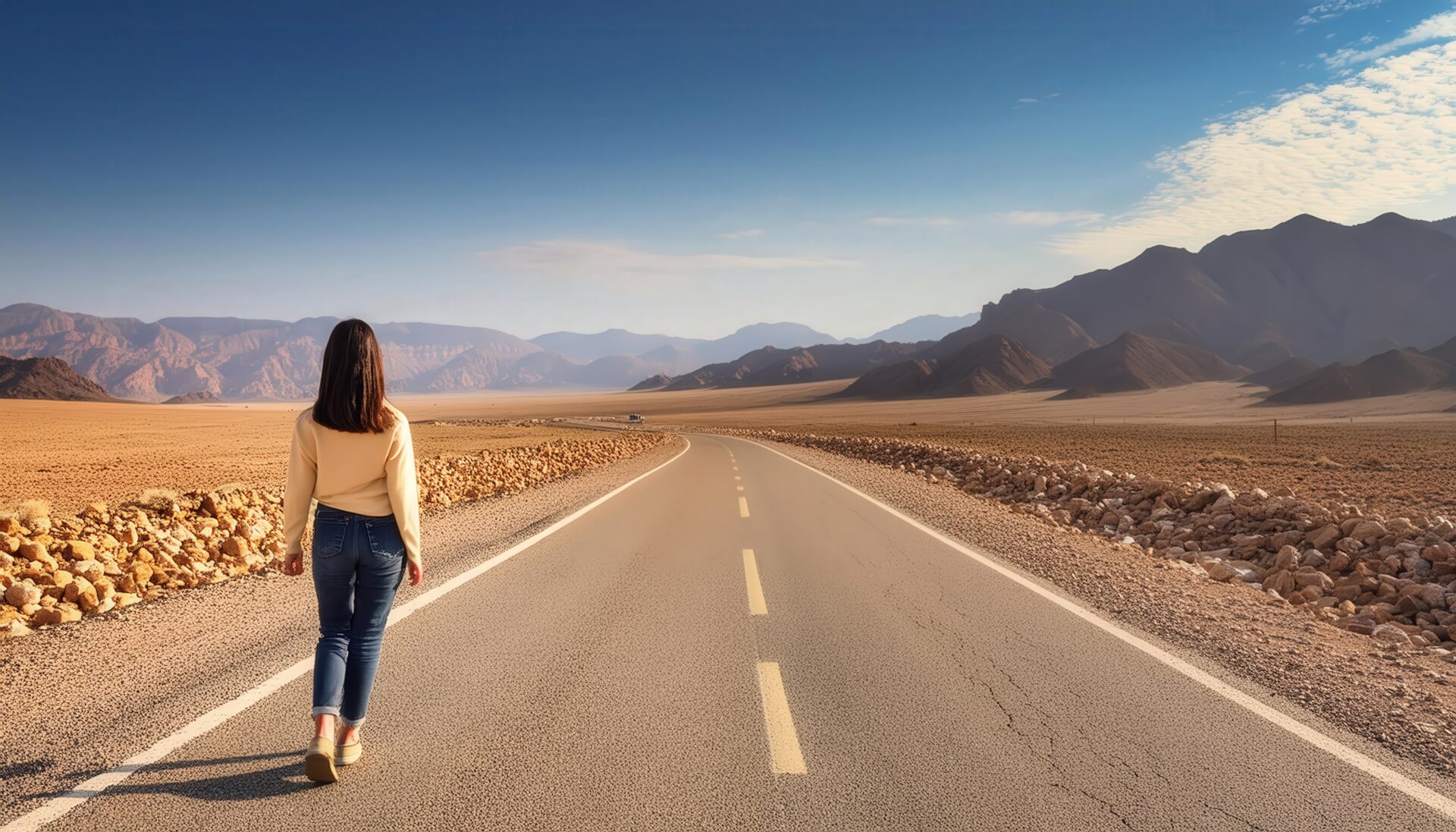 広大な砂漠の道を歩く女性
