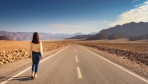 広大な砂漠の道を歩く女性