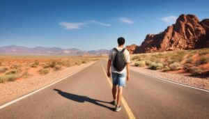 砂漠の一本道を進むバックパッカー