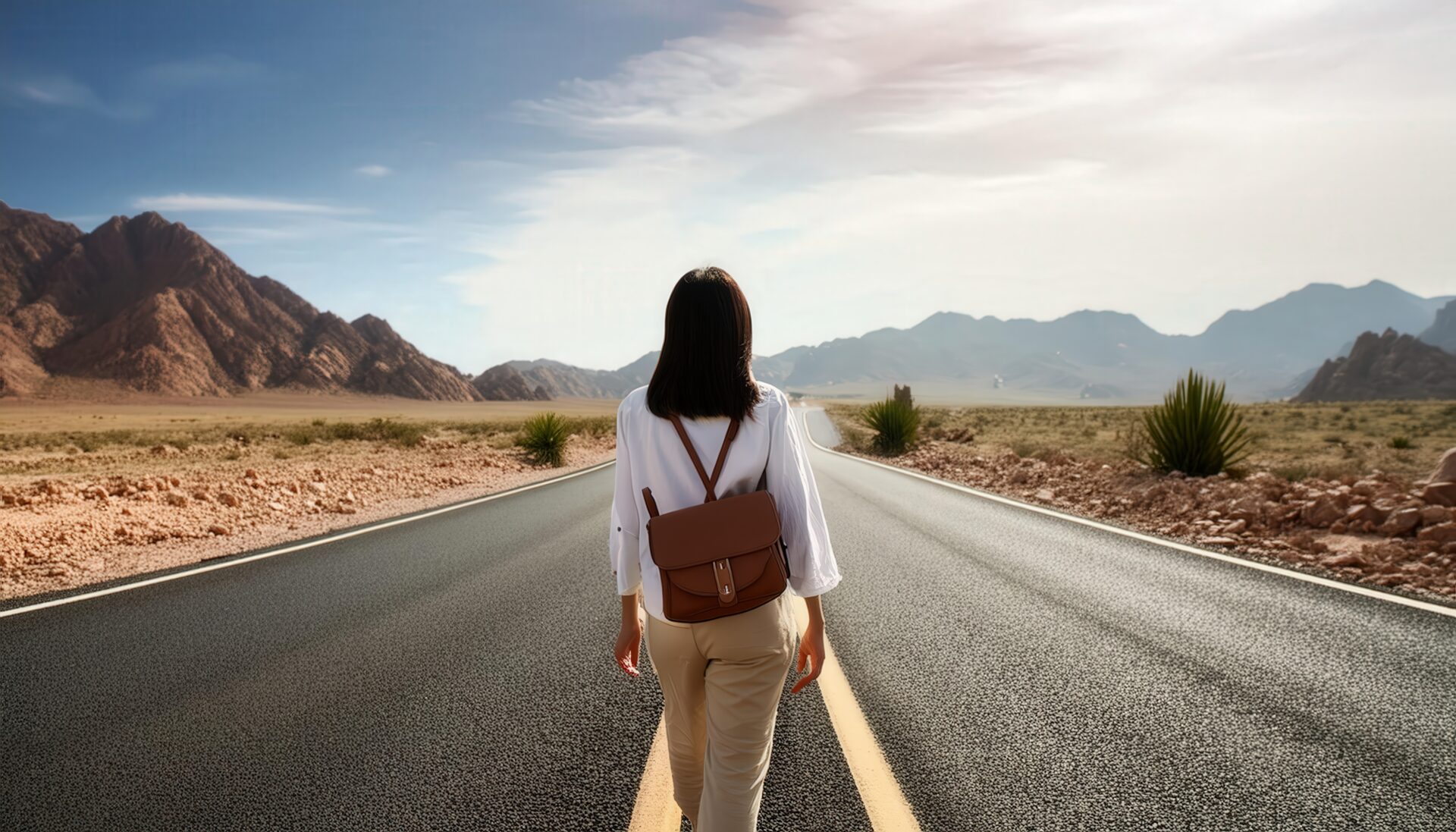 砂漠の舗装道路を歩く女性