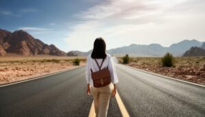 砂漠の舗装道路を歩く女性