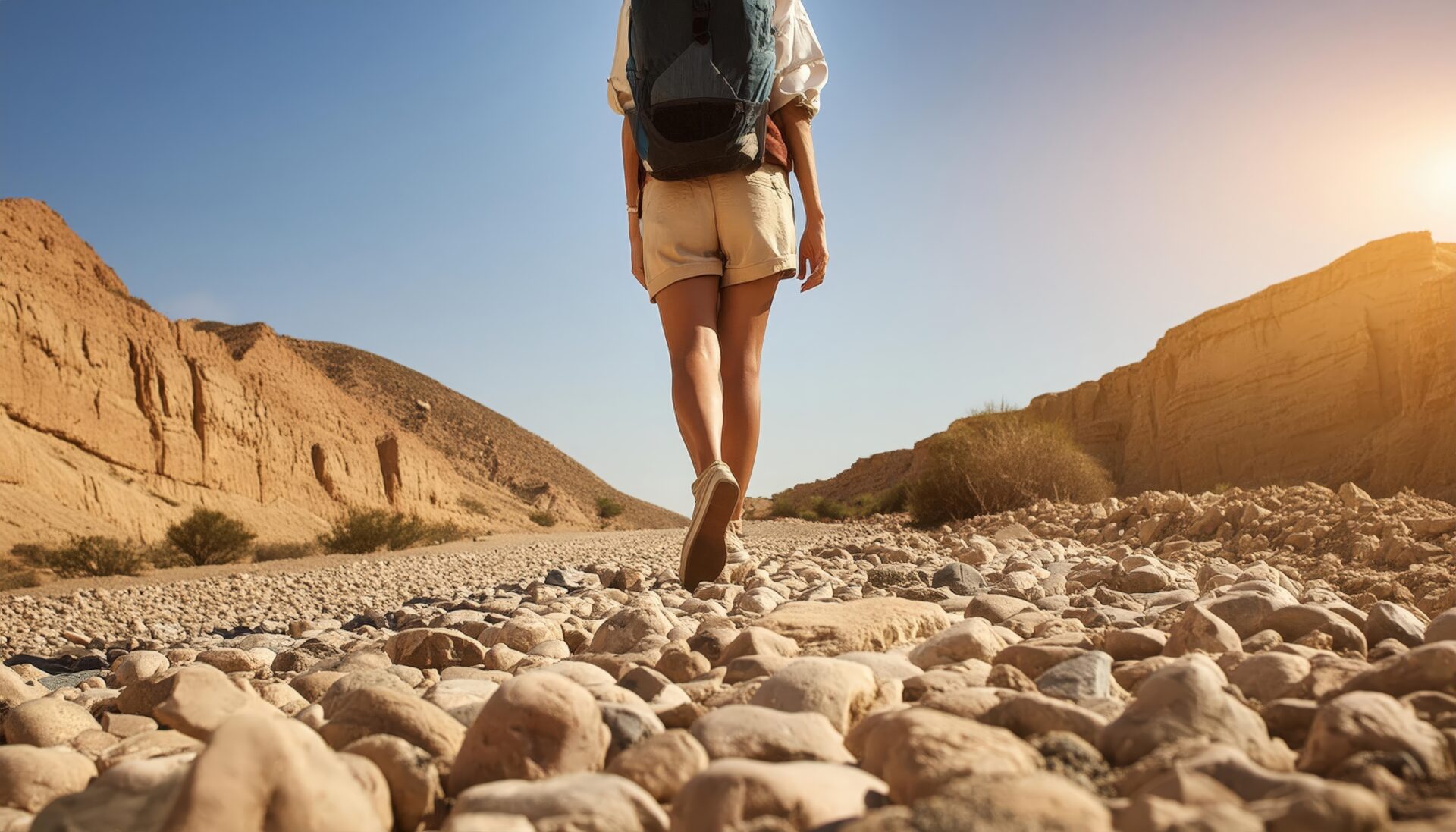 岩場の小道を歩く女性