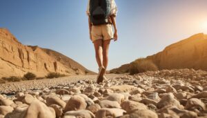 岩場の小道を歩く女性