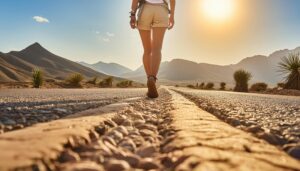 夕日に照らされた道を歩く女性