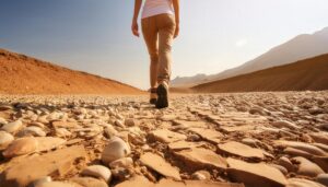 砂漠の石畳を歩く女性