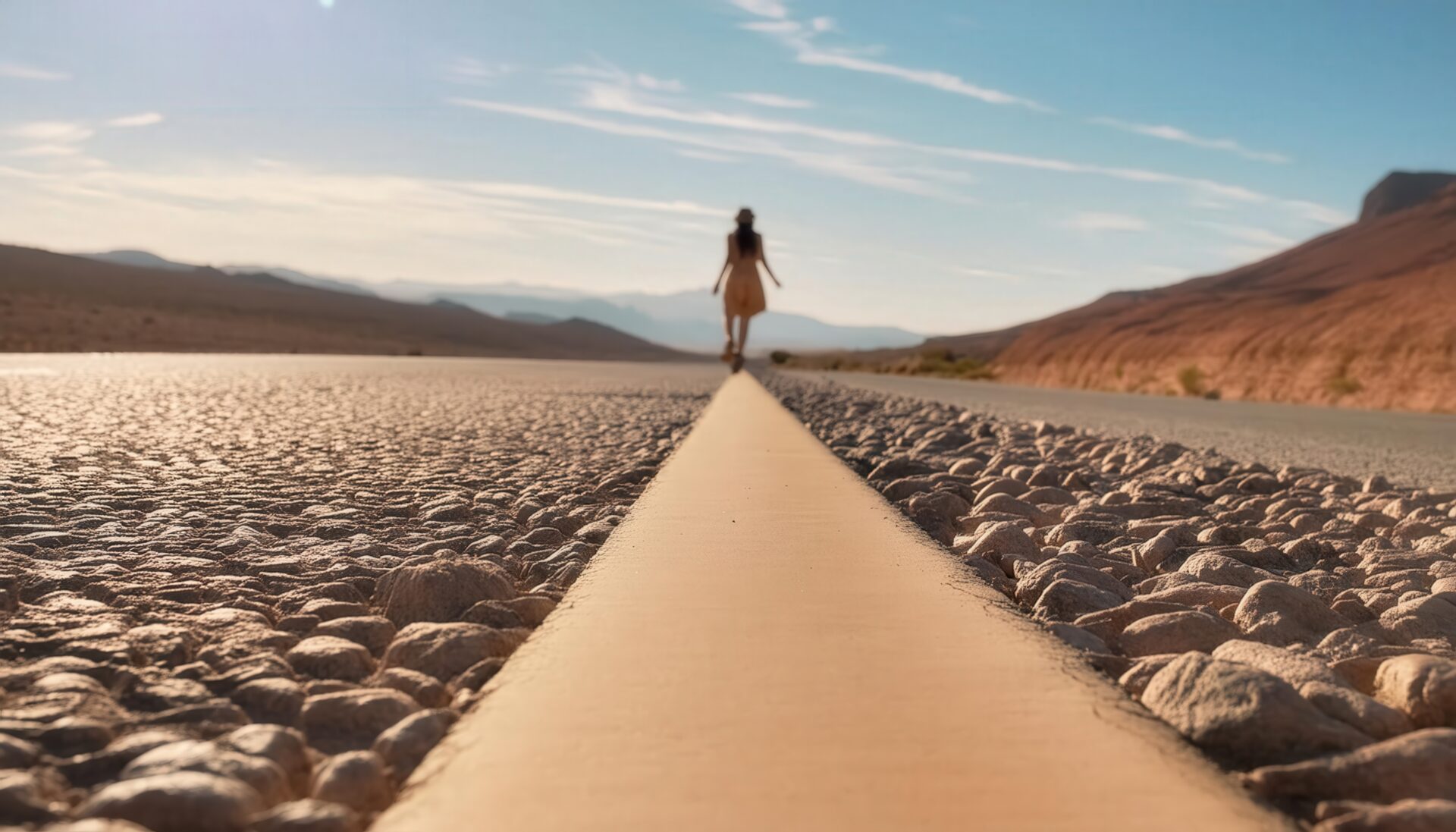 ロードを歩く遠くの女性