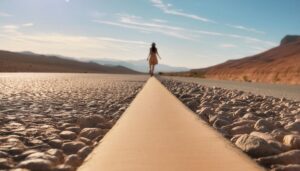 ロードを歩く遠くの女性