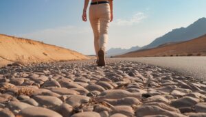 石畳の道を歩く女性の足元