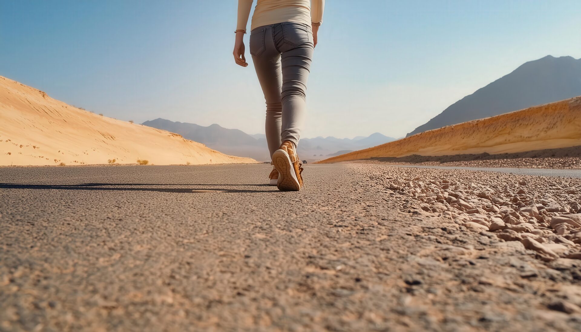 砂漠の道路を歩く女性の足元