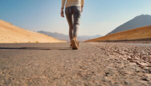 砂漠の道路を歩く女性の足元