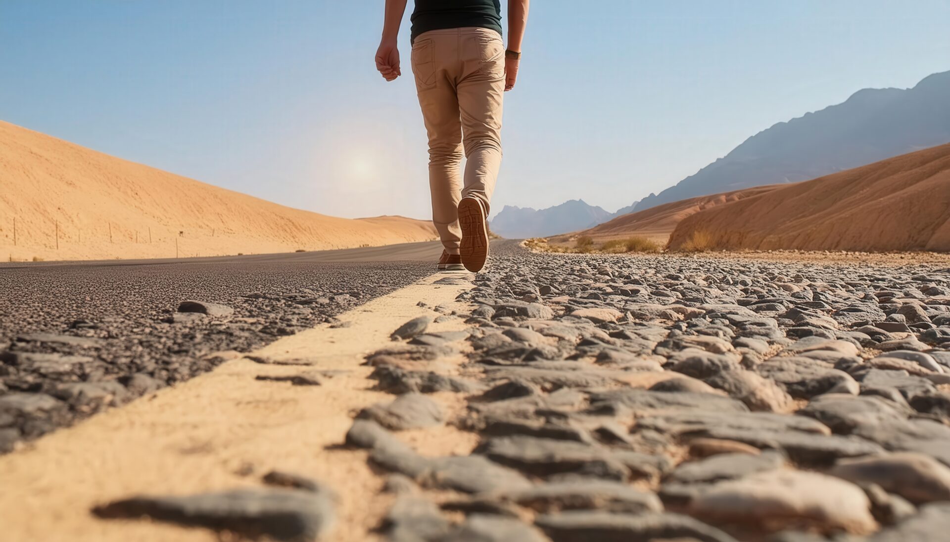 ロードサイドを歩く男性の足元