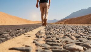 ロードサイドを歩く男性の足元