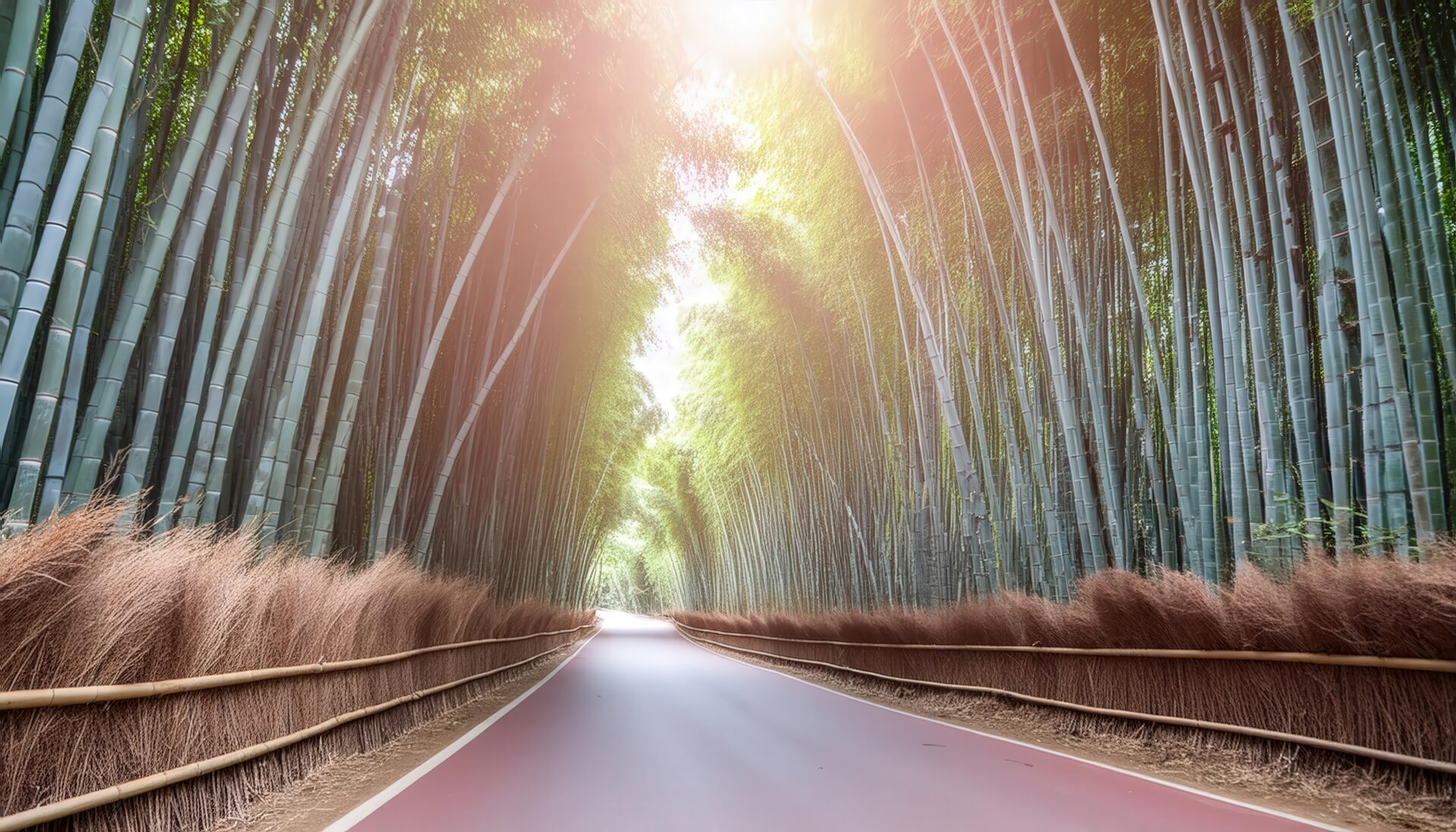 朝日に照らされる竹林の道