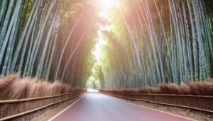 朝日に照らされる竹林の道