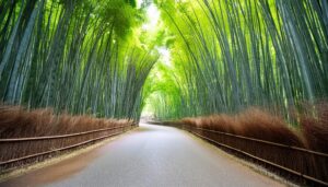 自然光差し込む竹林の小道