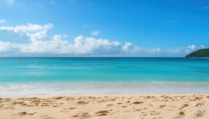 砂浜と遠くの山