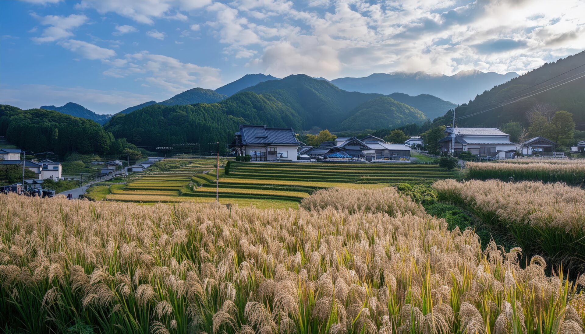 稲穂と棚田の里山
