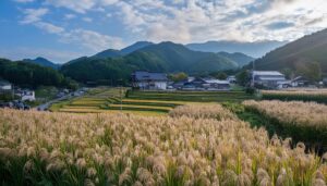 稲穂と棚田の里山