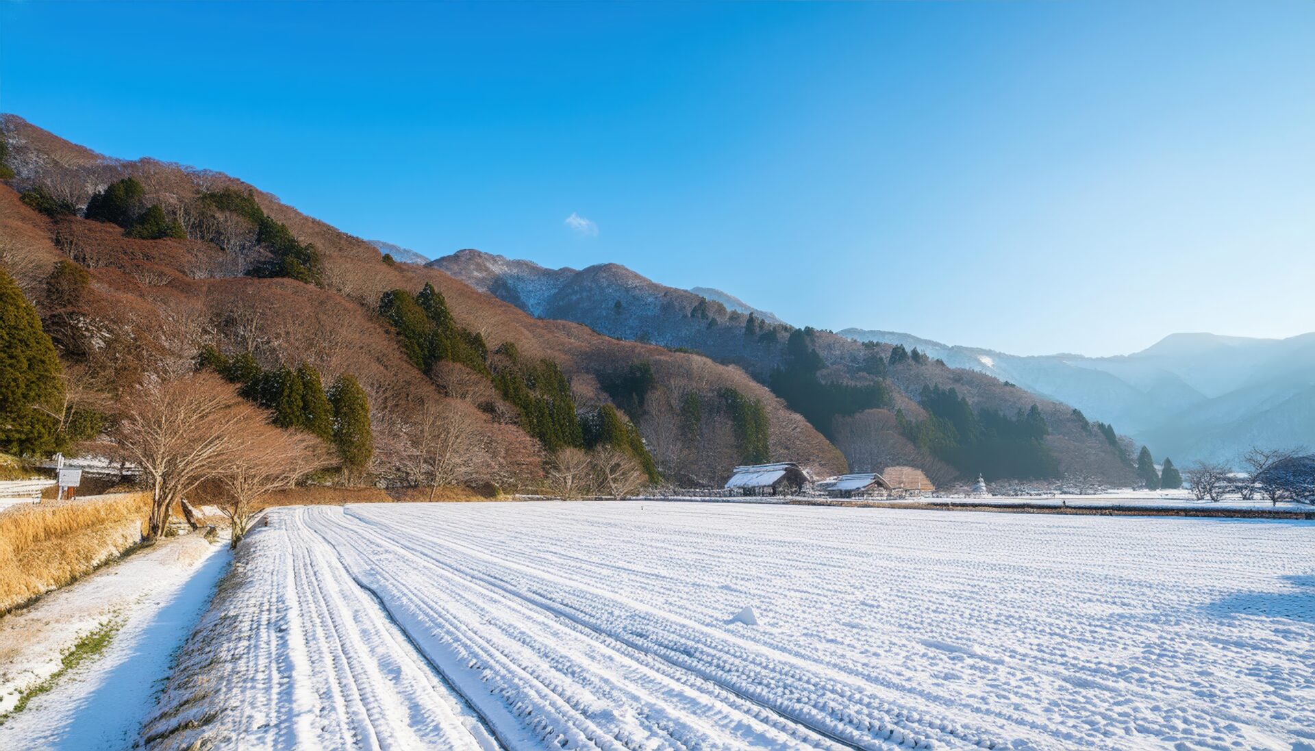 雪景色の田園と里山