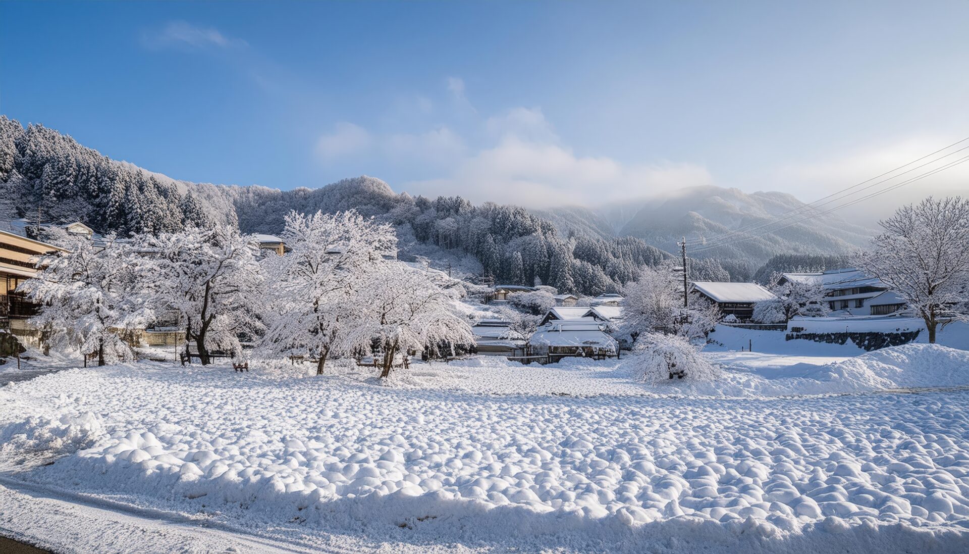 雪化粧の村と山々