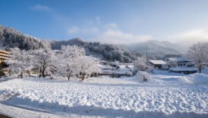 雪化粧の村と山々