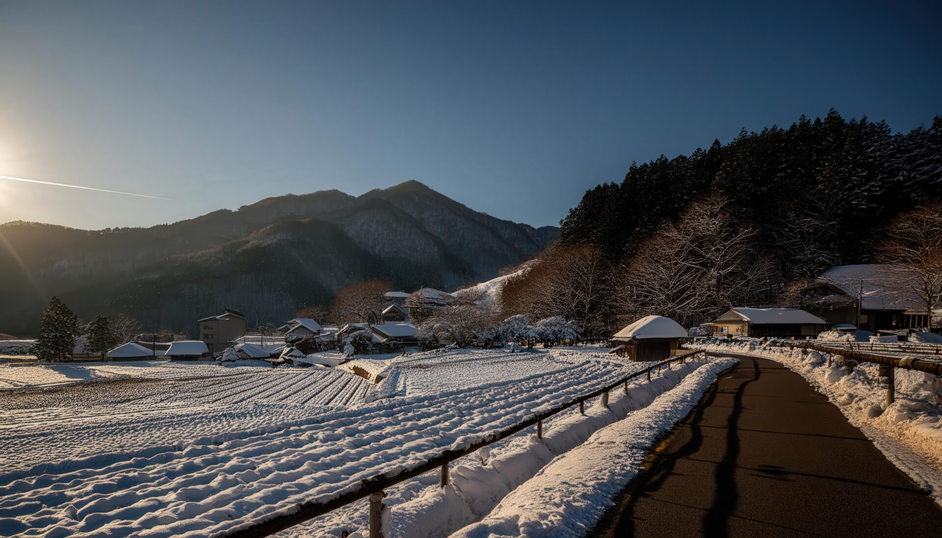 冬の田園と夕暮れ
