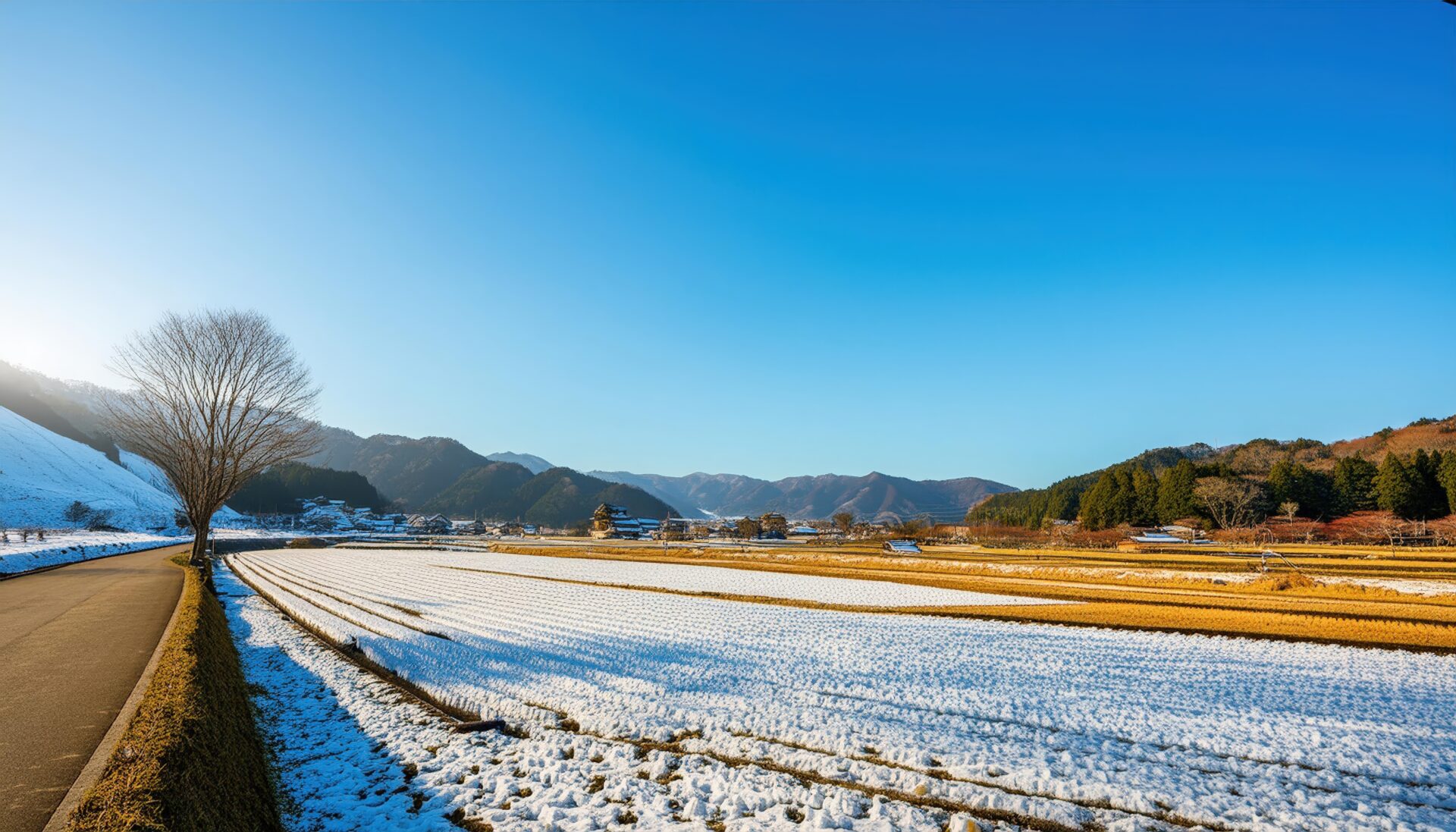 雪の田園と一本の木